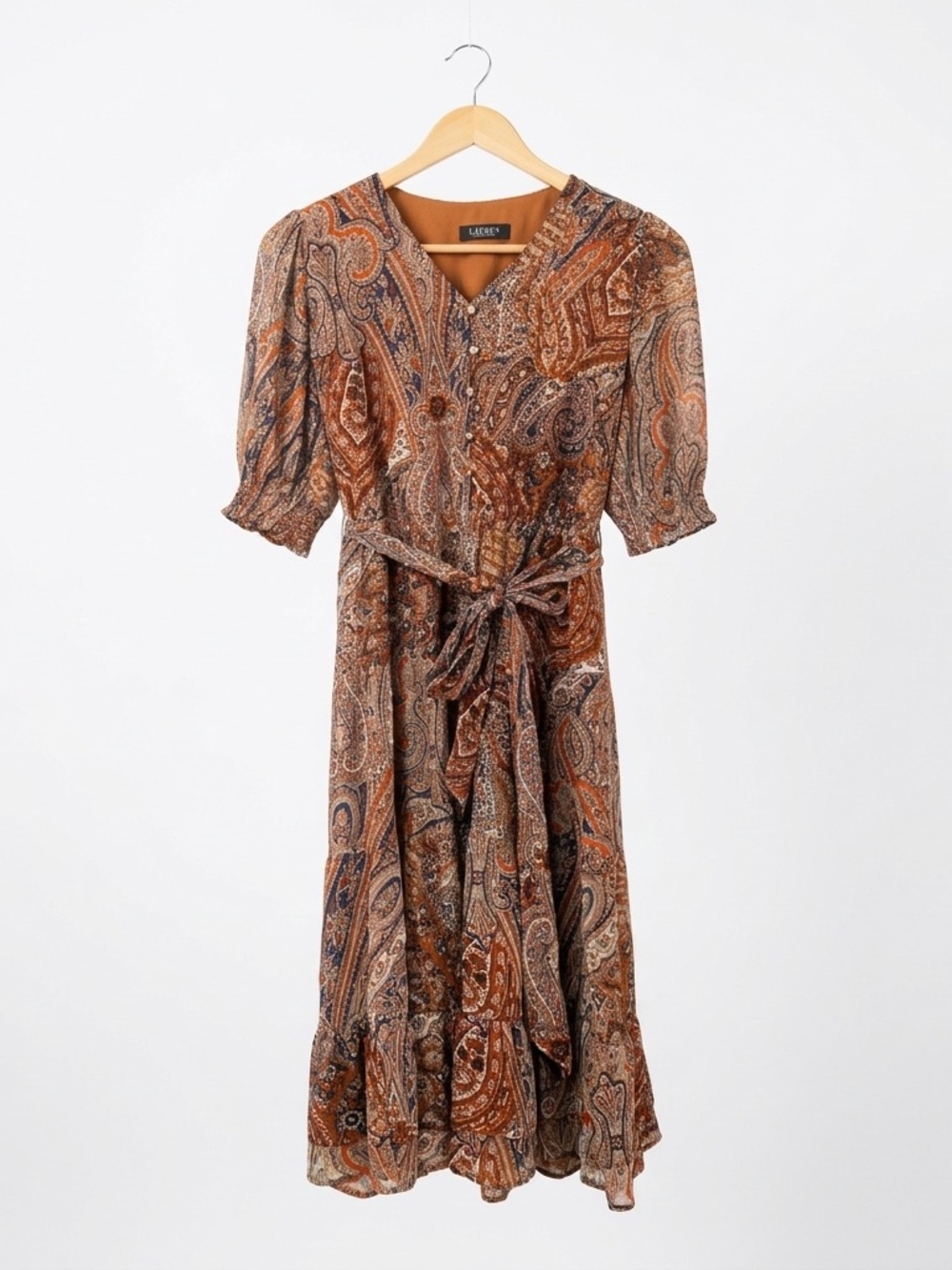 Lauren Ralph Lauren Paisley Midi Dress‎ Smocked Puff Sleeve Tiered Boho Rust